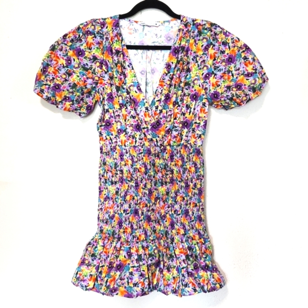 Zara Floral Print Puff Sleeve Smocked Mini Dress Size Medium